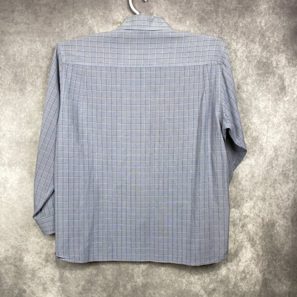 BUGATCHI Button Front Shirt Men Large Blue Plaid Hidden Button Collar Rayon/Poly - Picture 2 of 11